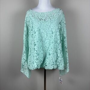 Alfani Blouse Top Womens XL Mint Green Bubble Hem Floral Lace Bell Sleeve Plus